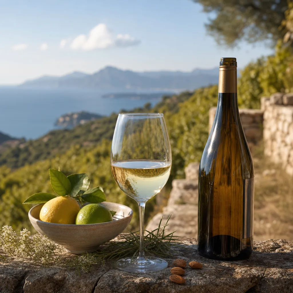 Grappes de Vermentinu dans un vignoble corse ensoleillé