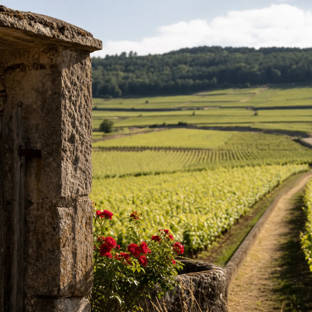 Parcelles en coteau à Chambolle-Musigny avec murs de pierre et rangs de vigne
