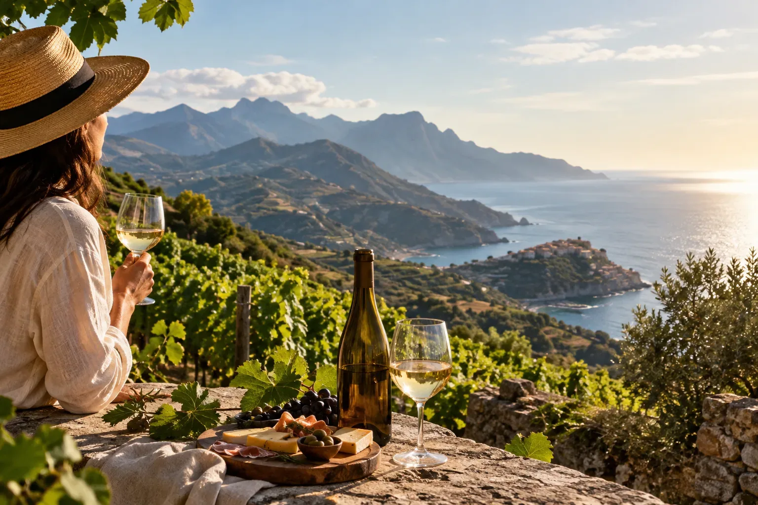 Corsican wine landscape between the Mediterranean Sea, mountainous terrain and vines
