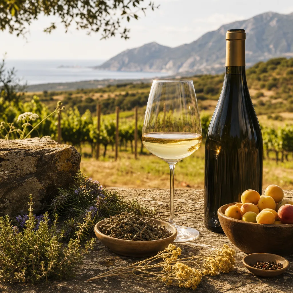 Rangs de vigne en Corse avec végétation de maquis en arrière-plan