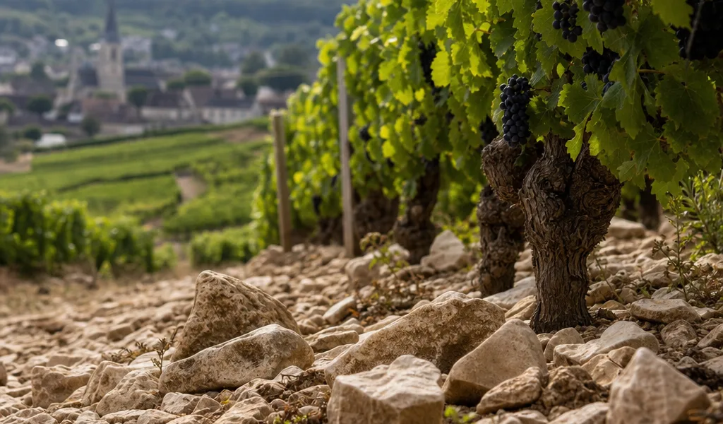 Sol calcaire et caillouteux dans une vigne de Pinot Noir à Chambolle-Musigny
