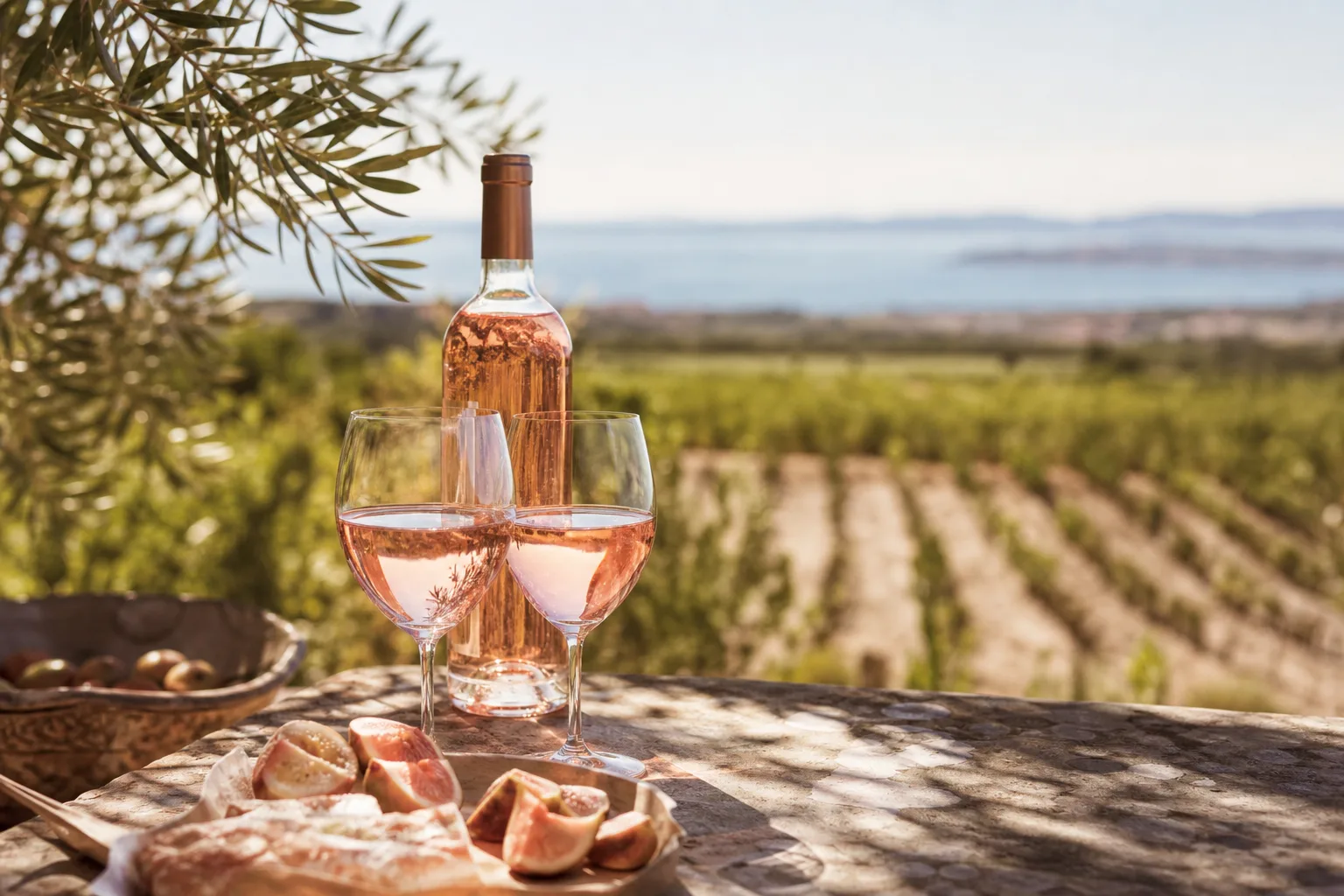 Verre de rosé de Provence pâle servi au soleil près de vignes méditerranéennes