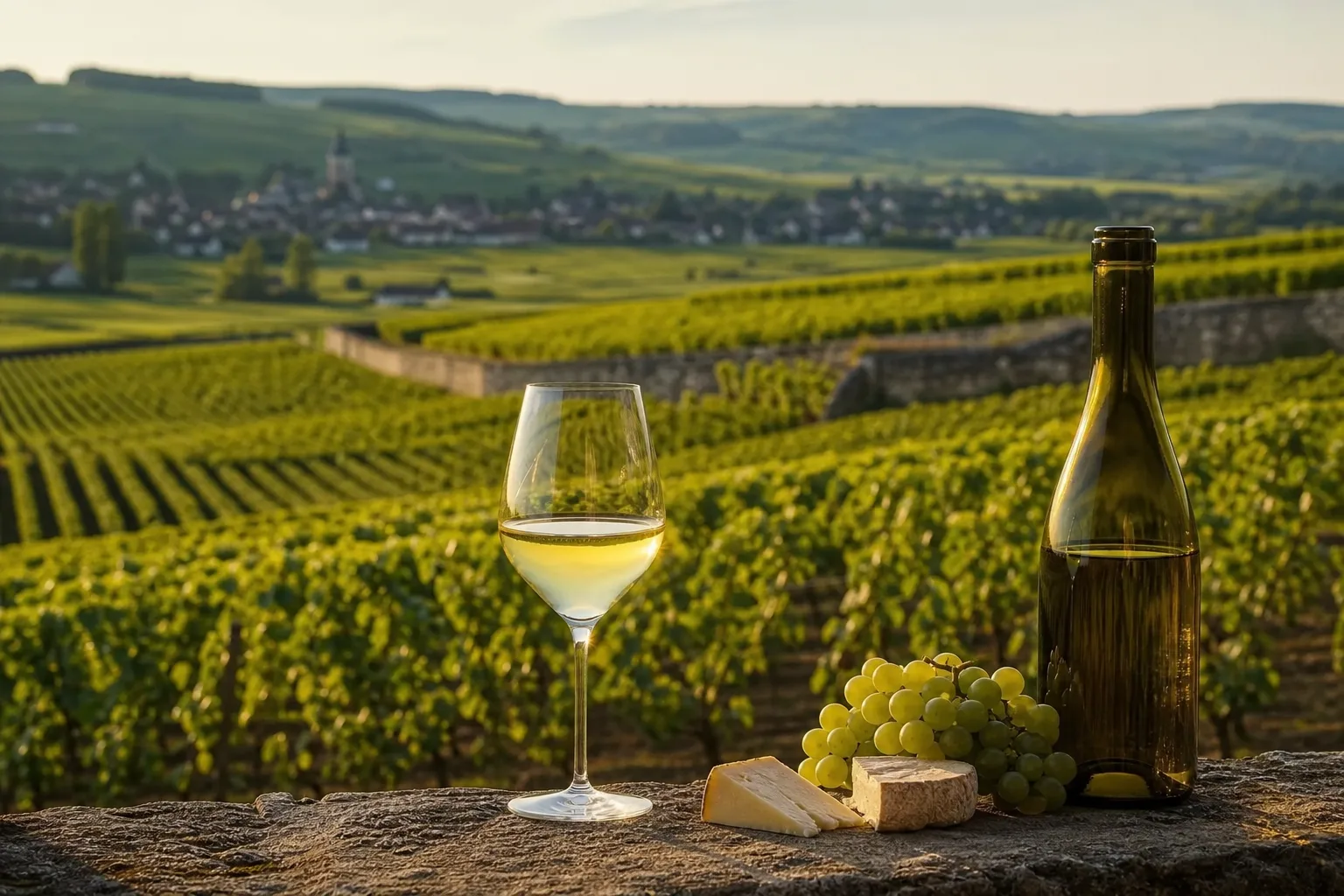 Calice di vino bianco di Borgogna davanti a vigneti borgognoni al tramonto