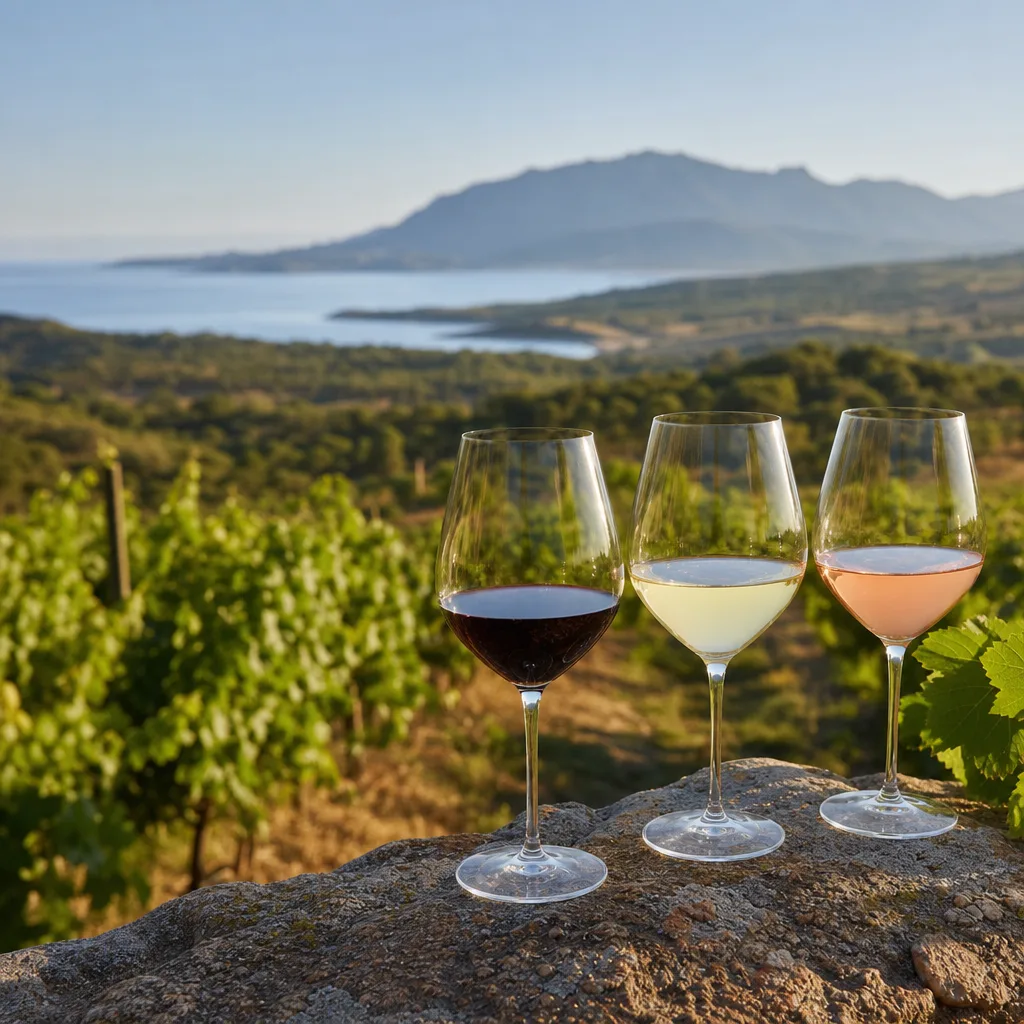 Verres de vin corse rouge blanc et rosé sur une table méditerranéenne