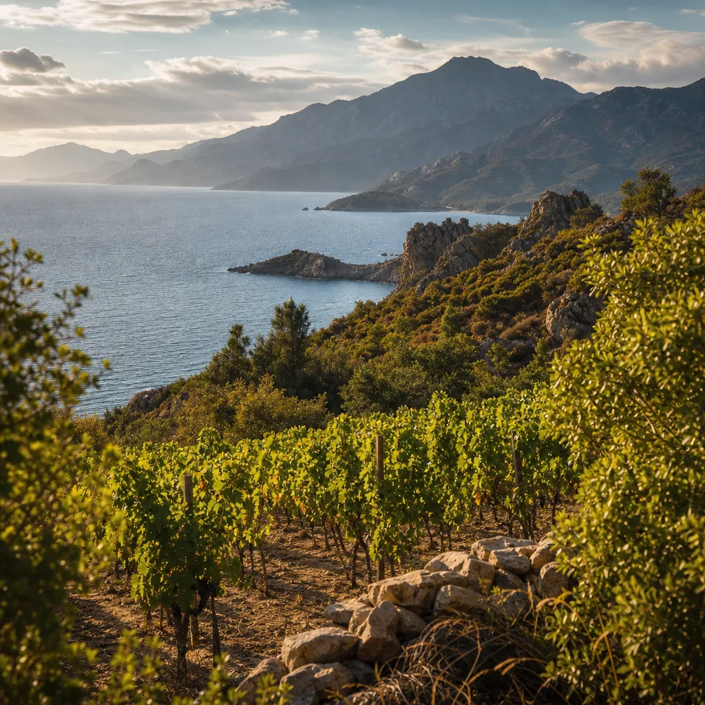 Vignoble corse entre mer Méditerranée et relief montagneux